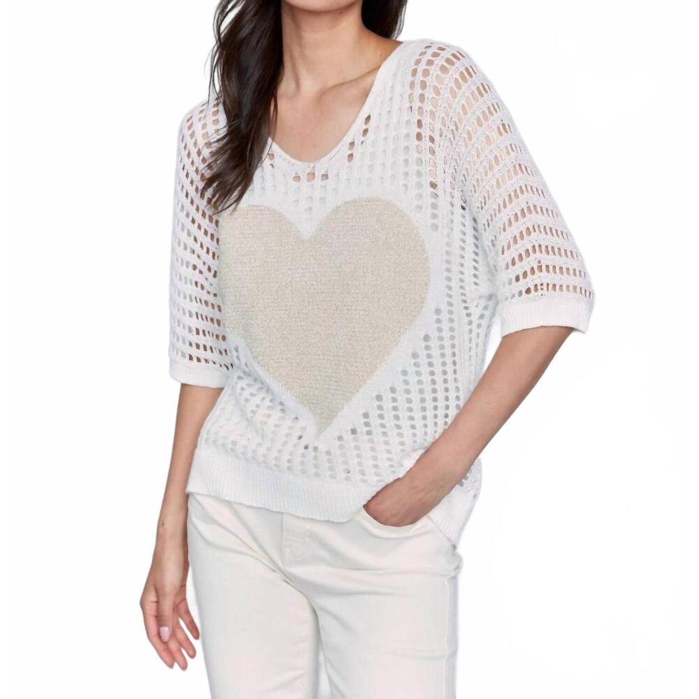 NEW CHARLIE B fishnet v-neck sweater with heart in blanc white